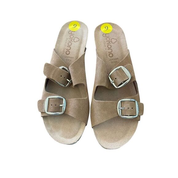 New Yokono Womens Taupe Double Band Leather Buckle Cork Wedge Sandals Size 9 - Picture 1 of 11